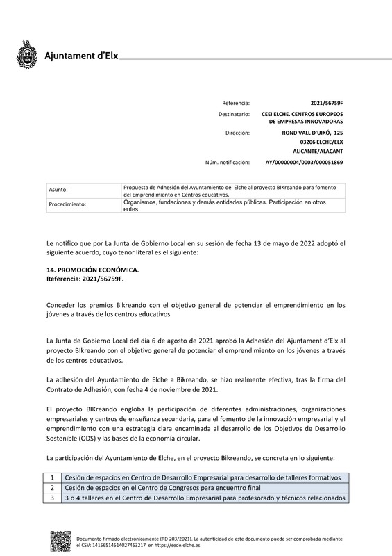 Acuerdo de adhesión del Ayuntamiento de Elche al proyecto BIKreando 2022