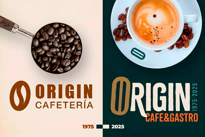 Detalle del antes y después de la identidad visual de Origin Café & Gastro