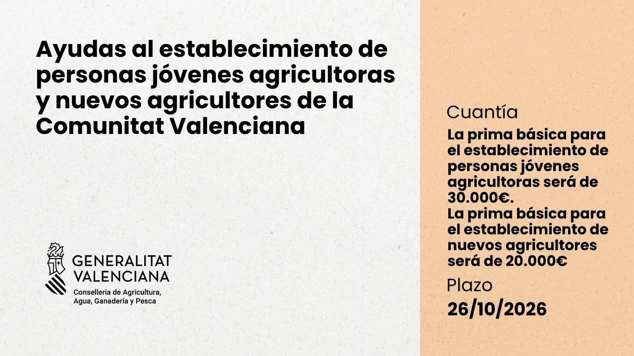 Convocatoria Ayudas al establecimiento de personas jóvenes agricultoras y nuevos agricultores de la Comunitat Valenciana