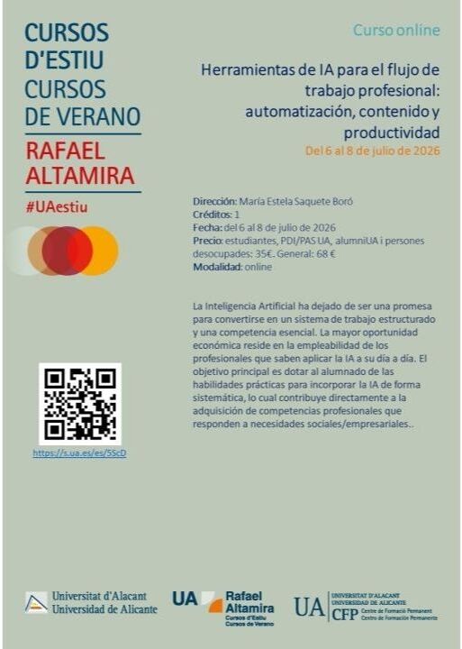 Curso de verano UA 2026: Herramientas de IA para el flujo de trabajo profesional: automatizaci�n, contenido y productividad